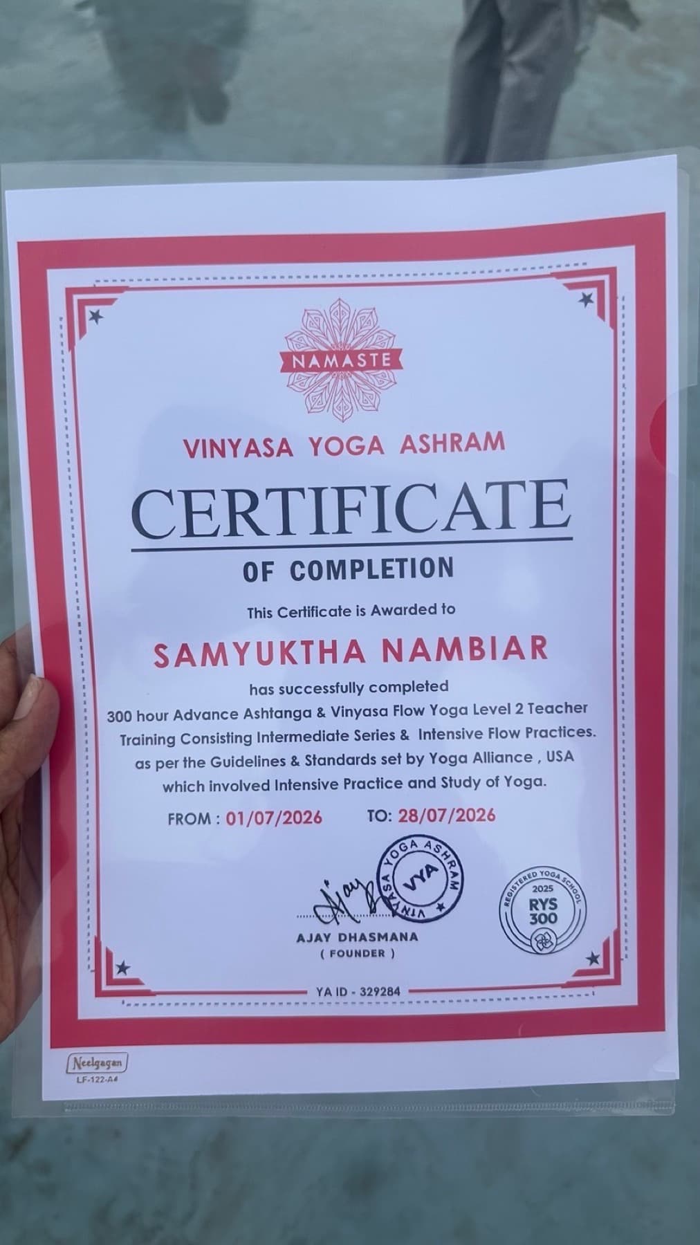 Certificate of Completion — 300-hour Advance Ashtanga & Vinyasa Flow Level 2 Teacher Training, Vinyasa Yoga Ashram, awarded to Samyuktha Nambiar