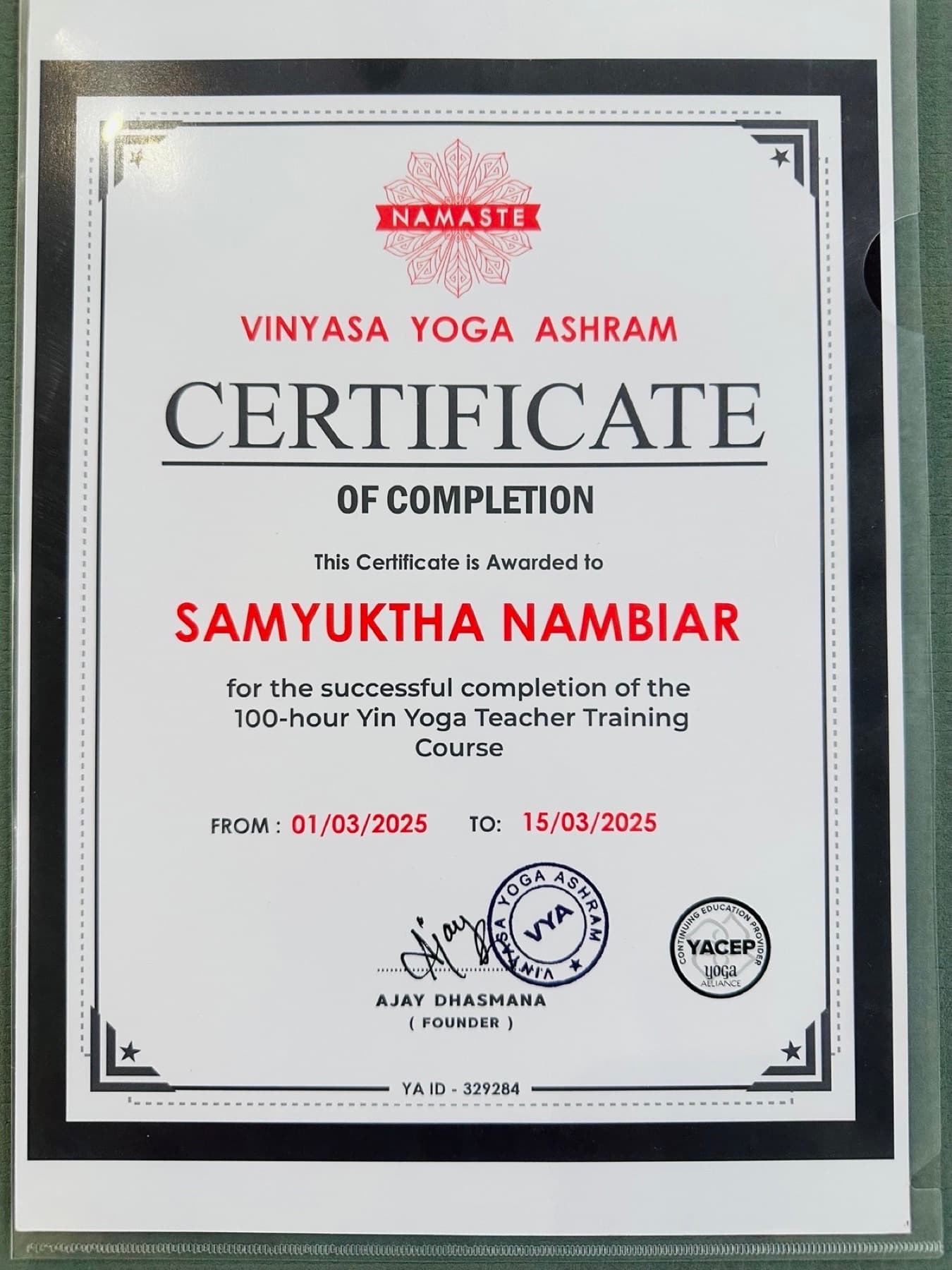 Certificate of Completion — 100-hour Yin Yoga Teacher Training, Vinyasa Yoga Ashram, awarded to Samyuktha Nambiar